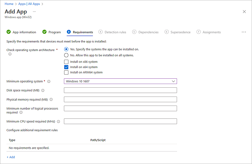 Screenshot of the Requirements page